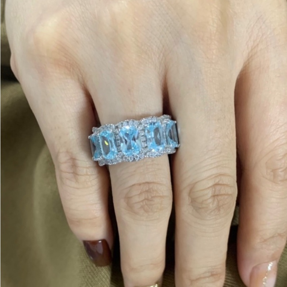 Aquamarine Ring Cushion Cut Eternity Wedding Band For Women 925 Sterling Silver - Picture 6 of 9
